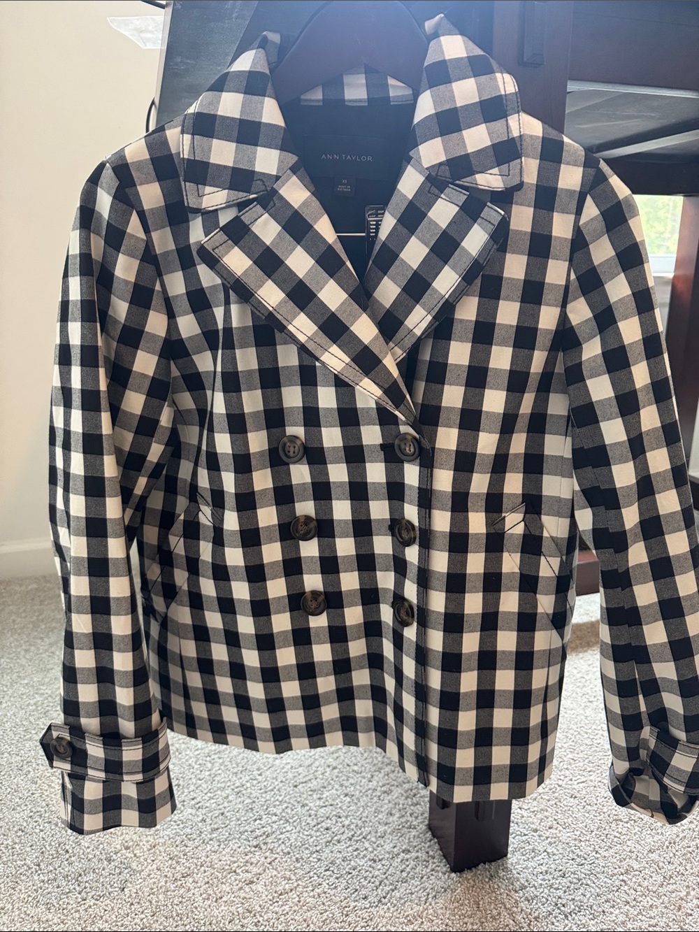 Ann Taylor Black and White Gingham Double-Breasted Blazer